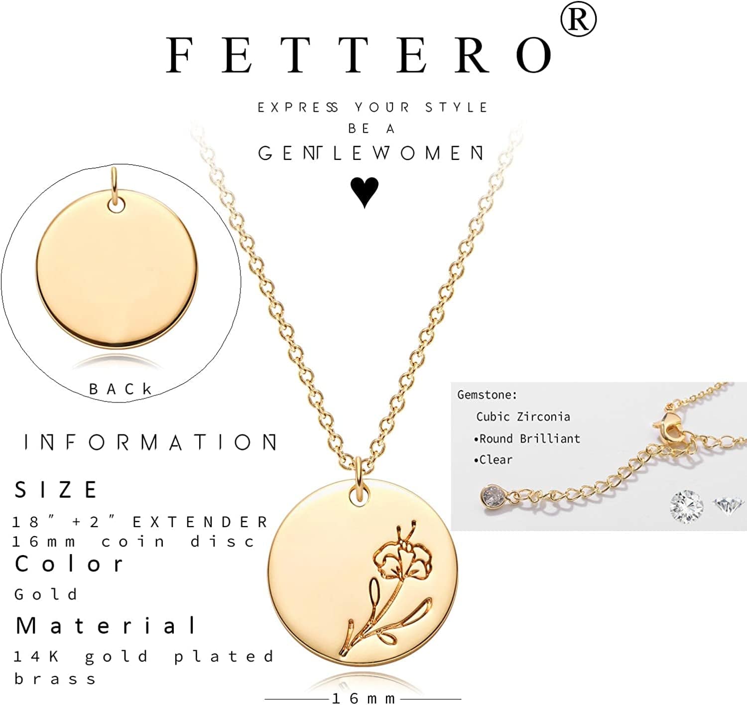 Birth Month Flower Necklace for Women Gold Disc round Medal Pendant Engraved Floral 14K Gold Plated Minimalist Simple Personalized Jewelry Gift