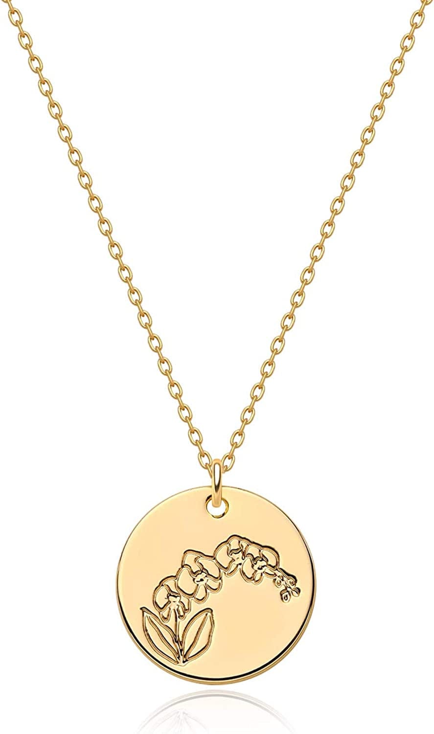 Birth Month Flower Necklace for Women Gold Disc round Medal Pendant Engraved Floral 14K Gold Plated Minimalist Simple Personalized Jewelry Gift B-(Feb) Violet-B