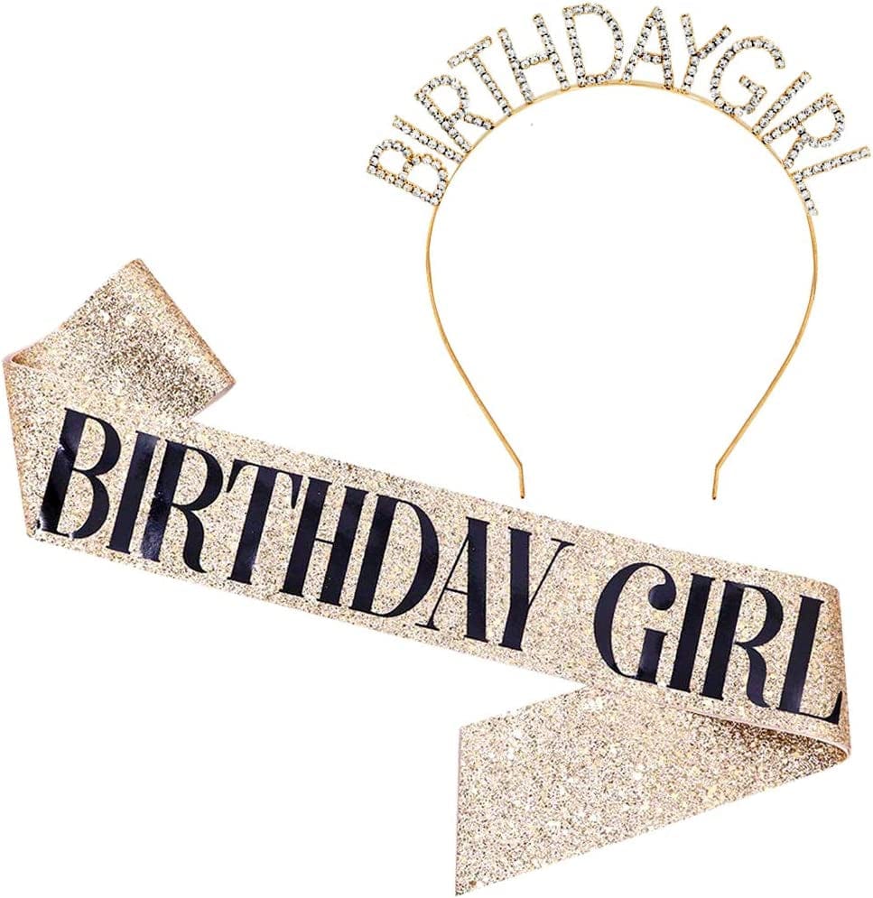 "Birthday Girl" Sash & Rhinestone Headband Set - Birthday Gifts Birthday Sash for Women Birthday Party Supplies (Gold Glitter/Black) Apparel & Accessories > Clothing Accessories > Sashes ADBetty Gold Glitter/ Black