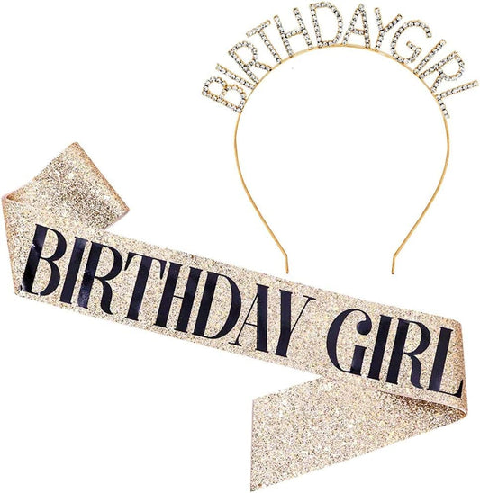 "Birthday Girl" Sash & Rhinestone Headband Set - Birthday Gifts Birthday Sash for Women Birthday Party Supplies (Gold Glitter/Black) Apparel & Accessories > Clothing Accessories > Sashes ADBetty Gold Glitter/ Black