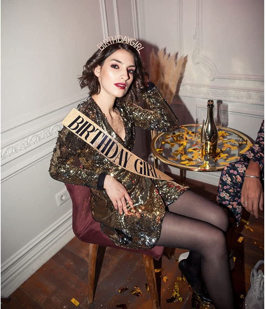 "Birthday Girl" Sash & Rhinestone Headband Set - Birthday Gifts Birthday Sash for Women Birthday Party Supplies (Gold Glitter/Black) Apparel & Accessories > Clothing Accessories > Sashes ADBetty