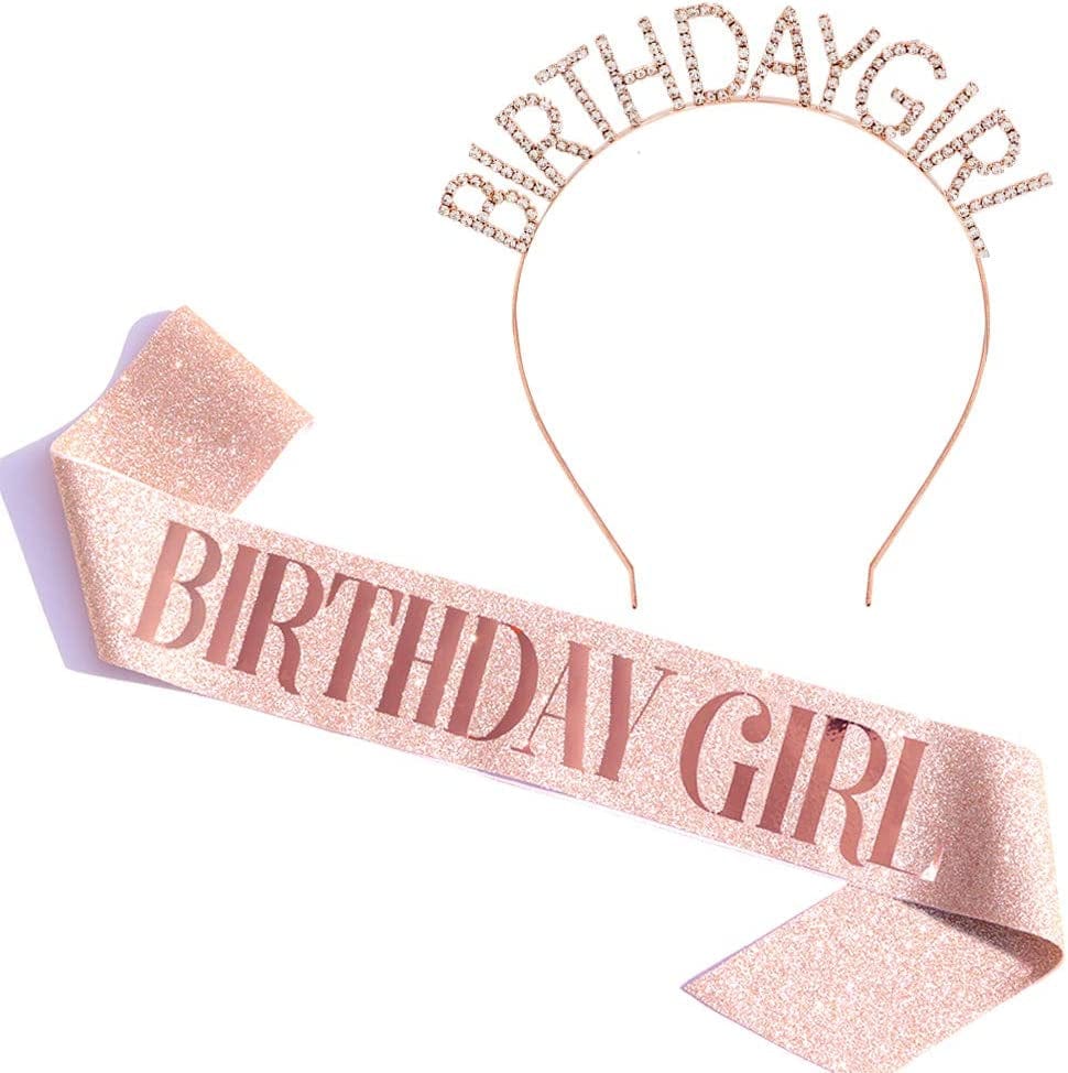 "Birthday Girl" Sash & Rhinestone Headband Set - Birthday Gifts Birthday Sash for Women Birthday Party Supplies (Gold Glitter/Black) Apparel & Accessories > Clothing Accessories > Sashes ADBetty Rose Gold Glitter