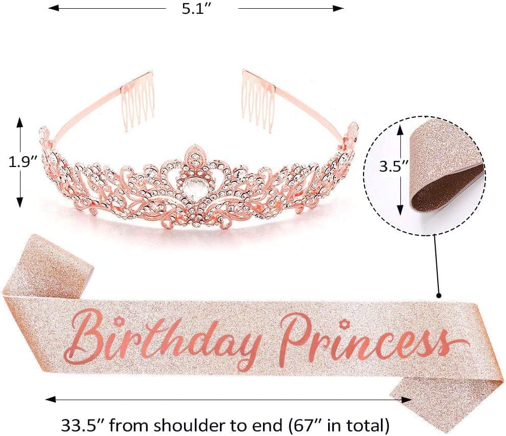"Birthday Princess"Sash and Rhinestone Crown Set - Glitter Gold Fabric with Rose Gold Foil Letters Birthday Sash for Girl + Rhinestone Crown Set Birthday Party Gifts Birthday Party Supplies Apparel & Accessories > Clothing Accessories > Sashes YULIPS