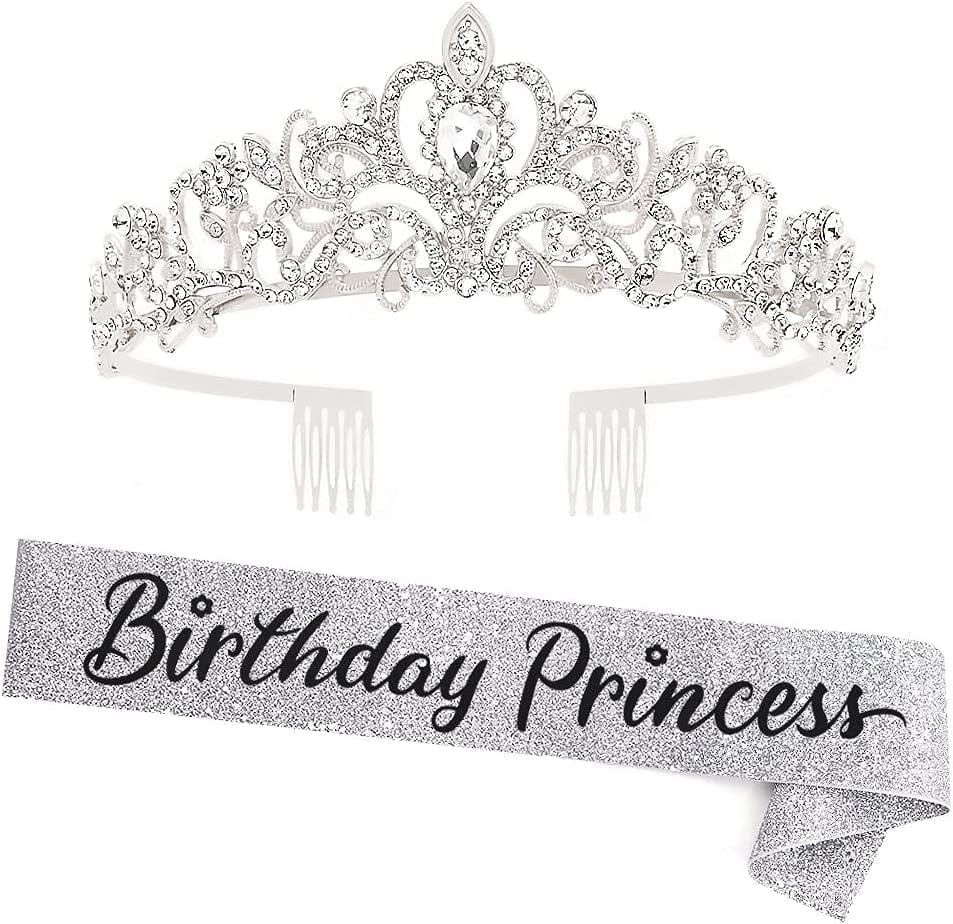 "Birthday Princess"Sash and Rhinestone Crown Set - Glitter Gold Fabric with Rose Gold Foil Letters Birthday Sash for Girl + Rhinestone Crown Set Birthday Party Gifts Birthday Party Supplies Apparel & Accessories > Clothing Accessories > Sashes YULIPS Silver_black
