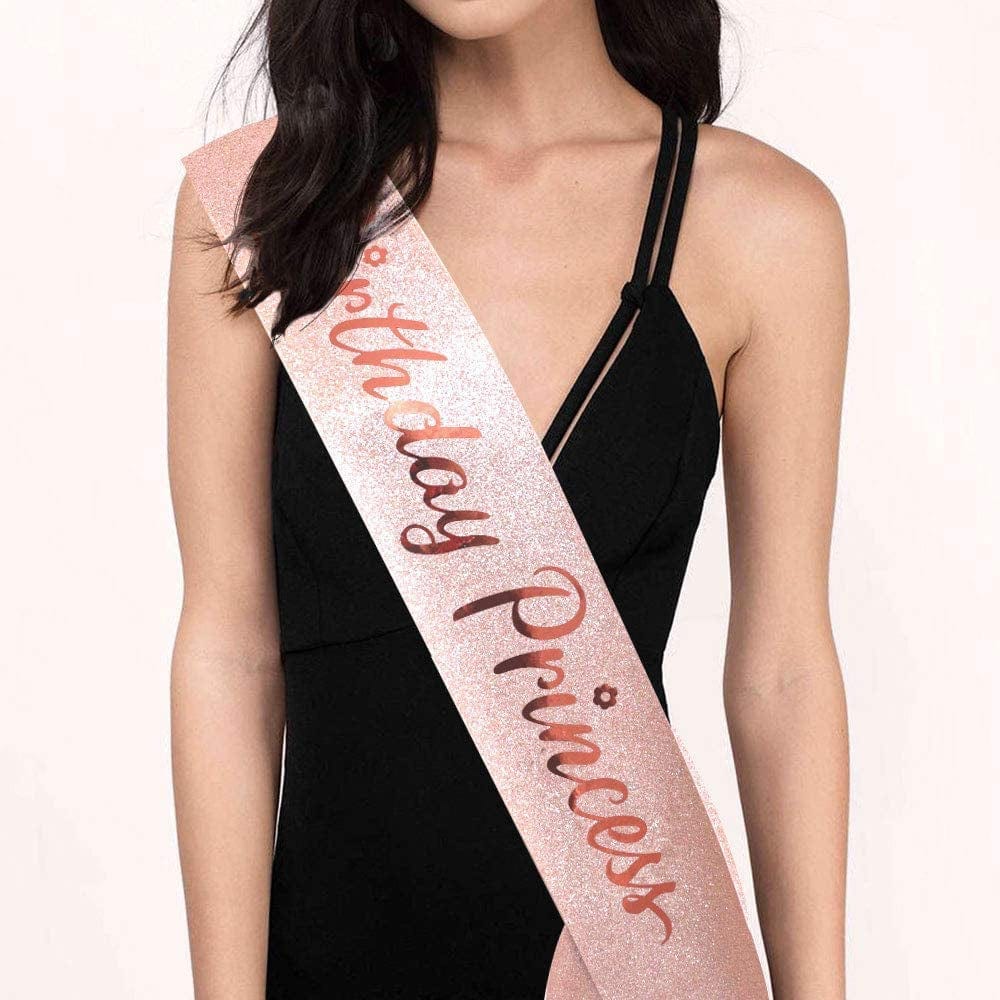 "Birthday Princess"Sash and Rhinestone Crown Set - Glitter Gold Fabric with Rose Gold Foil Letters Birthday Sash for Girl + Rhinestone Crown Set Birthday Party Gifts Birthday Party Supplies Apparel & Accessories > Clothing Accessories > Sashes YULIPS