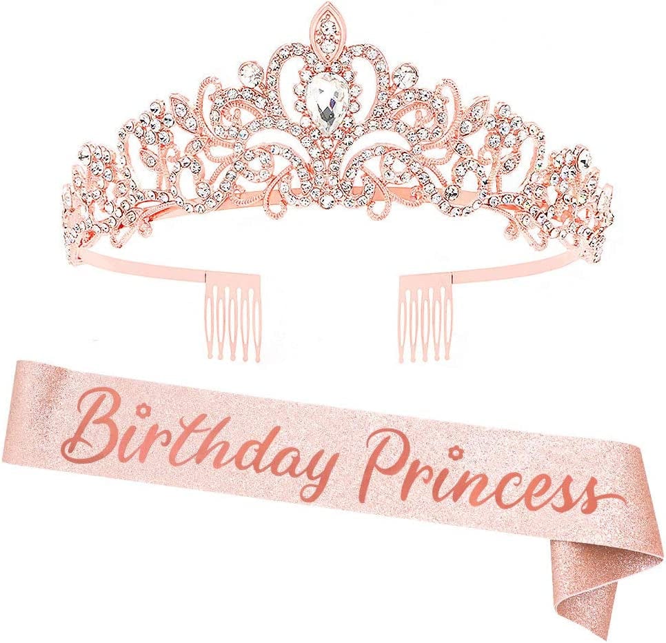 "Birthday Princess"Sash and Rhinestone Crown Set - Glitter Gold Fabric with Rose Gold Foil Letters Birthday Sash for Girl + Rhinestone Crown Set Birthday Party Gifts Birthday Party Supplies Apparel & Accessories > Clothing Accessories > Sashes YULIPS Rose Gold / Rose Gold