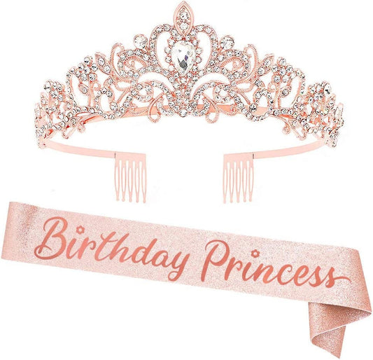 "Birthday Princess"Sash and Rhinestone Crown Set - Glitter Gold Fabric with Rose Gold Foil Letters Birthday Sash for Girl + Rhinestone Crown Set Birthday Party Gifts Birthday Party Supplies Apparel & Accessories > Clothing Accessories > Sashes YULIPS Rose Gold / Rose Gold