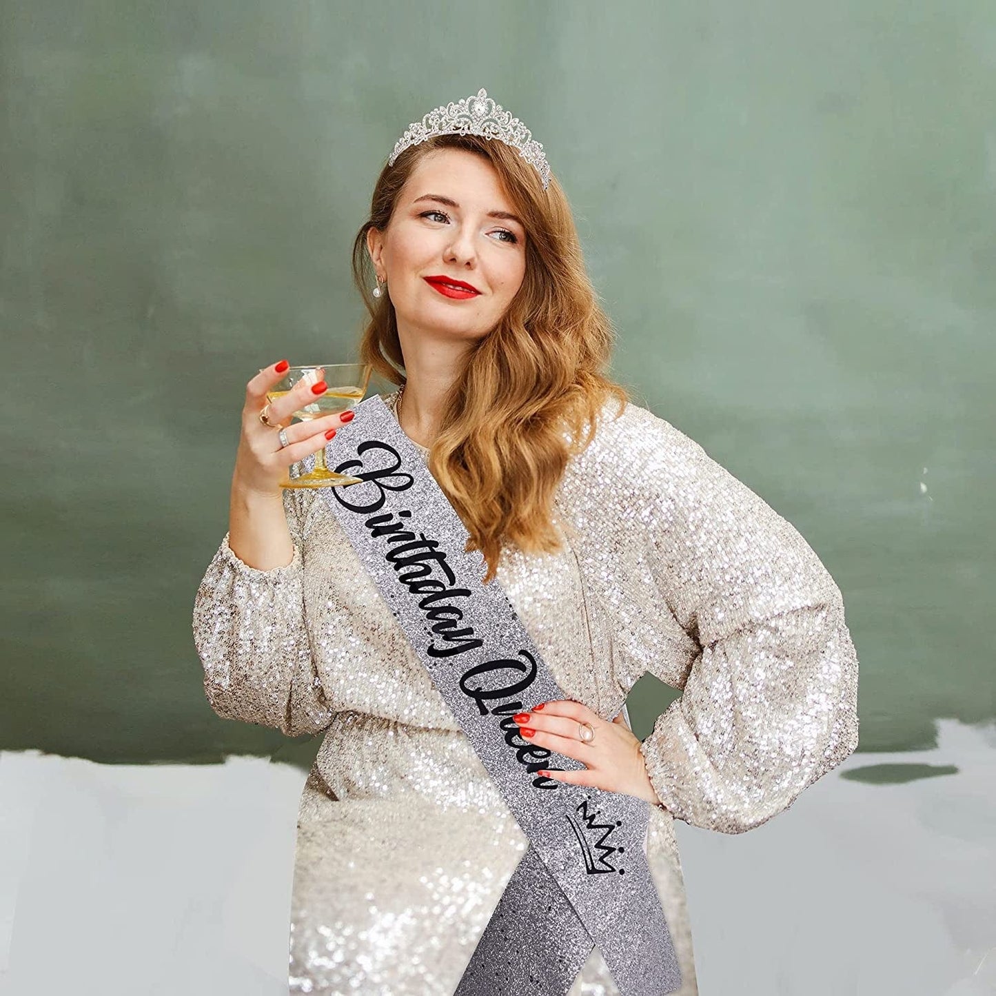 "Birthday Queen"Sash and Rhinestone Crown Set - Glitter Silver Fabric with Black Foil Letters Birthday Sash for Women + Rhinestone Crown Set Birthday Party Gifts Birthday Party Supplies Apparel & Accessories > Clothing Accessories > Sashes YULIPS