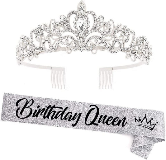 "Birthday Queen"Sash and Rhinestone Crown Set - Glitter Silver Fabric with Black Foil Letters Birthday Sash for Women + Rhinestone Crown Set Birthday Party Gifts Birthday Party Supplies Apparel & Accessories > Clothing Accessories > Sashes YULIPS Silver/Black