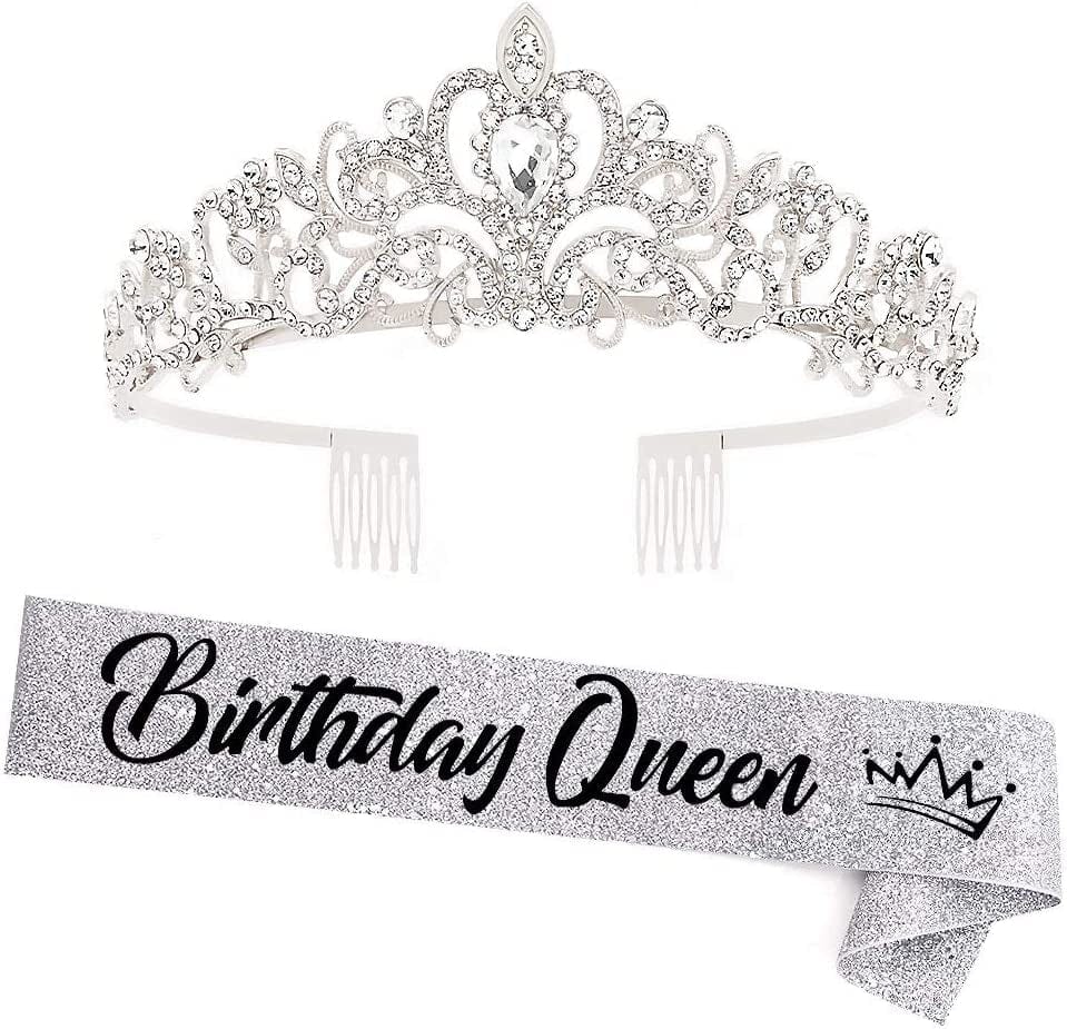 "Birthday Queen"Sash and Rhinestone Crown Set - Glitter Silver Fabric with Black Foil Letters Birthday Sash for Women + Rhinestone Crown Set Birthday Party Gifts Birthday Party Supplies Apparel & Accessories > Clothing Accessories > Sashes YULIPS Silver/Black