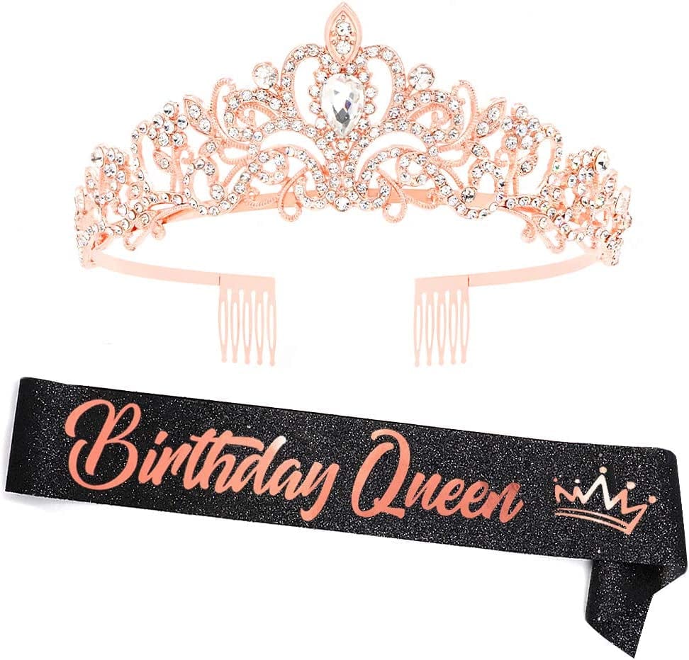 "Birthday Queen"Sash and Rhinestone Crown Set - Glitter Silver Fabric with Black Foil Letters Birthday Sash for Women + Rhinestone Crown Set Birthday Party Gifts Birthday Party Supplies Apparel & Accessories > Clothing Accessories > Sashes YULIPS Black/Rose Gold