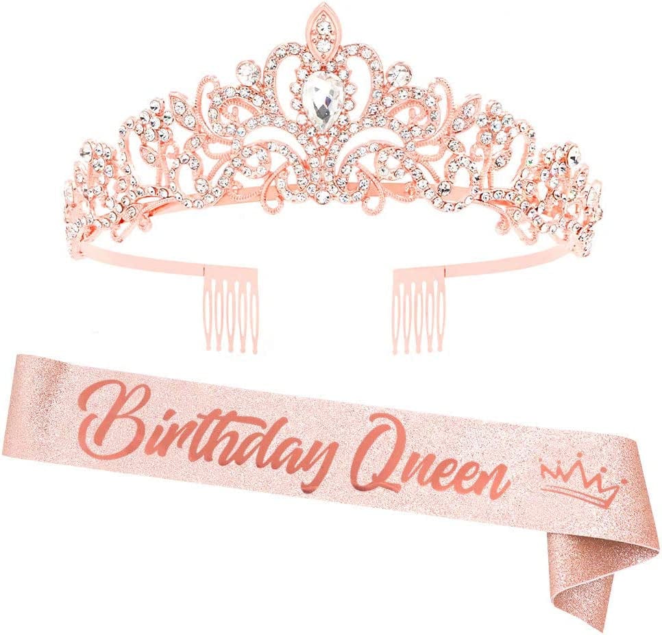"Birthday Queen"Sash and Rhinestone Crown Set - Glitter Silver Fabric with Black Foil Letters Birthday Sash for Women + Rhinestone Crown Set Birthday Party Gifts Birthday Party Supplies Apparel & Accessories > Clothing Accessories > Sashes YULIPS Rose_gold