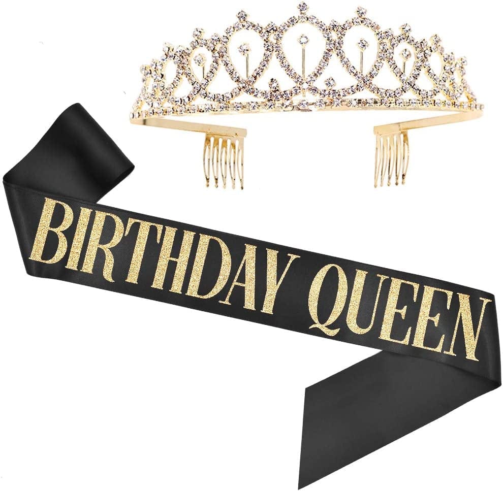 "Birthday Queen" Sash - Birthday Party Gifts Birthday Sash for Women Fun Party Favors (Black/Gold) Apparel & Accessories > Clothing Accessories > Sashes ADBetty Sash & Rhinestone Tiara