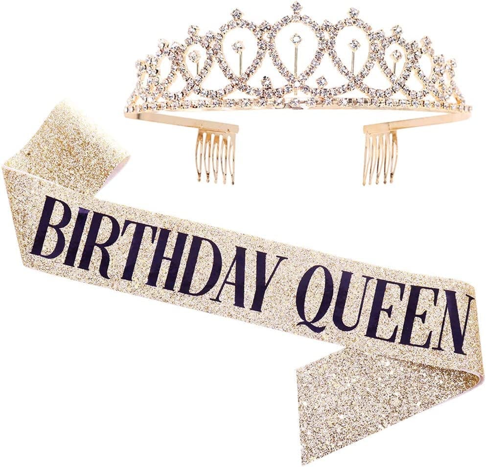 "Birthday Queen" Sash & Rhinestone Tiara Kit - 21St 30Th Birthday Gifts Birthday Sash for Women Birthday Party Supplies (Gold Glitter with Black Lettering) Apparel & Accessories > Clothing Accessories > Sashes ADBetty