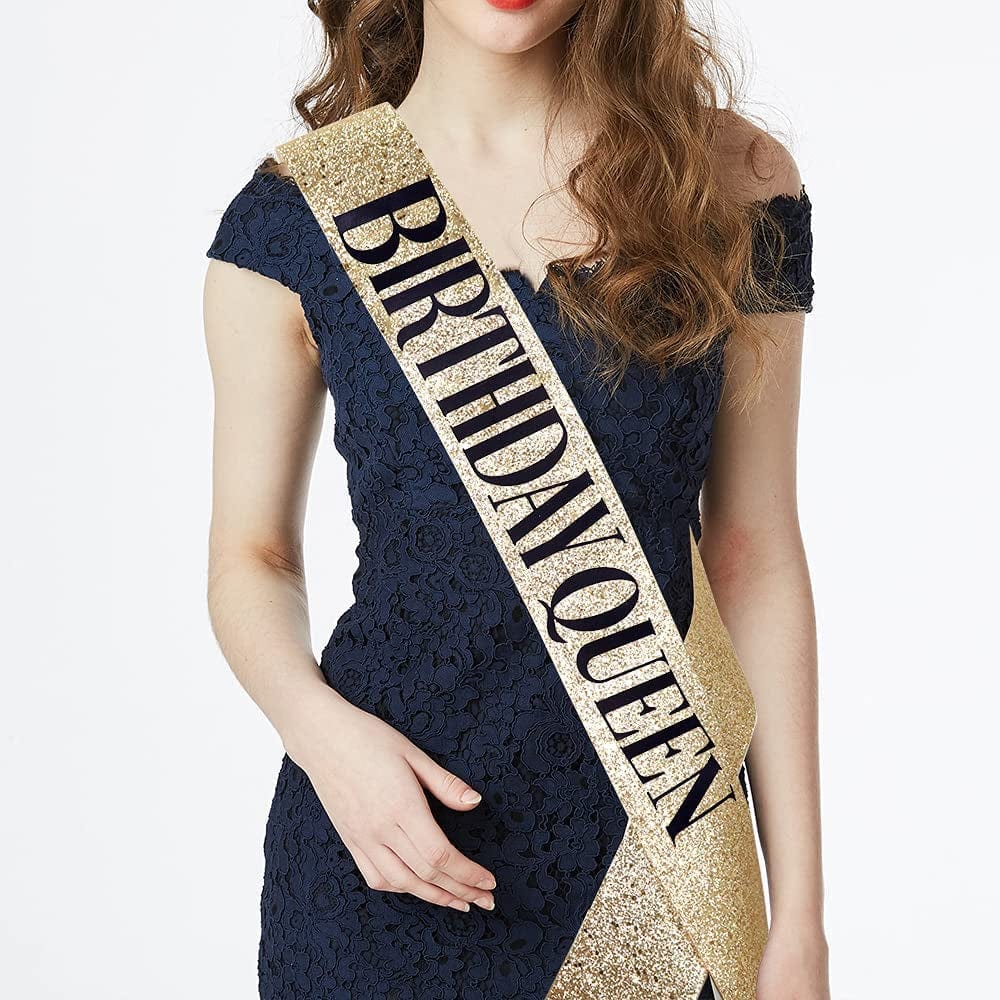 "Birthday Queen" Sash & Rhinestone Tiara Kit - 21St 30Th Birthday Gifts Birthday Sash for Women Birthday Party Supplies (Gold Glitter with Black Lettering) Apparel & Accessories > Clothing Accessories > Sashes ADBetty
