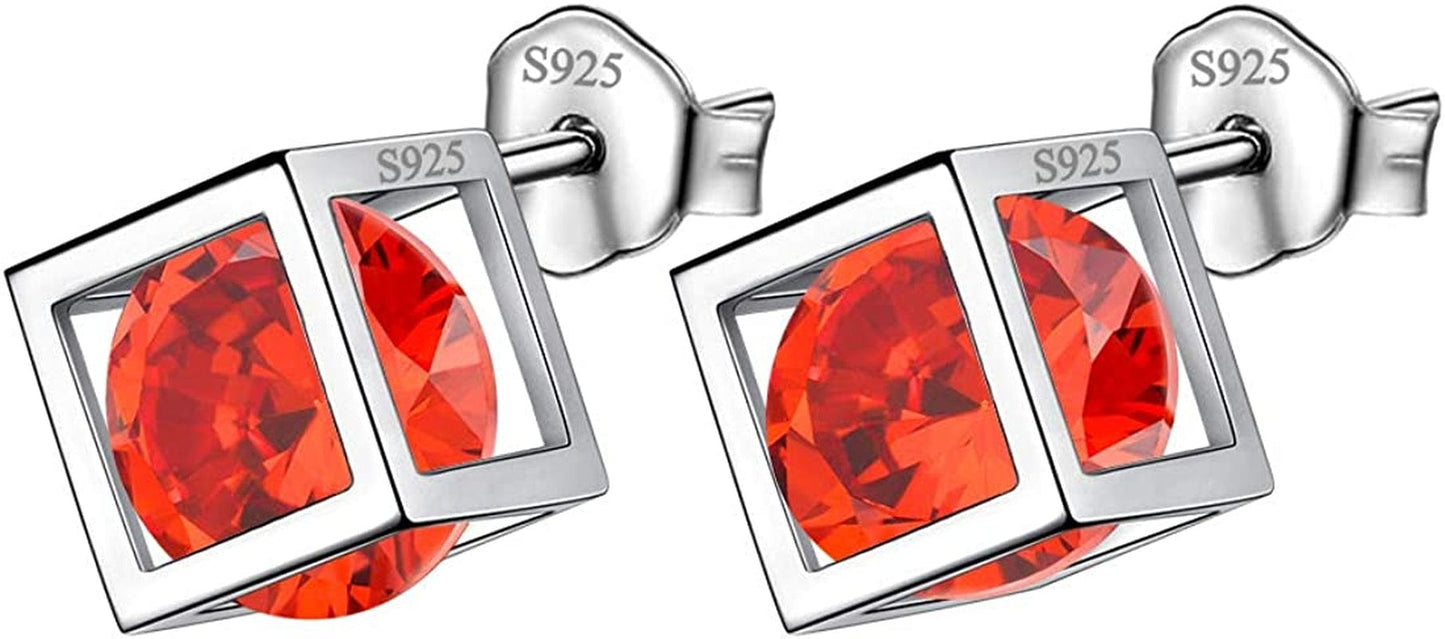 Birthstone Necklace/Earring 925 Sterling Silver Women Cross/3D Cube/Cresent Moon Birth Stone Jewelry Mens Birthday Gift Anniversary Present A.Red-January-Garnet / 3d-cube-studs