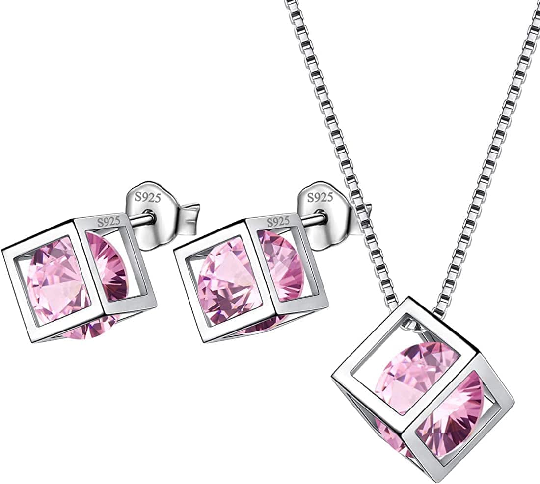 Birthstone Necklace/Earring 925 Sterling Silver Women Cross/3D Cube/Cresent Moon Birth Stone Jewelry Mens Birthday Gift Anniversary Present J.Pink-October-Tourmaline / 3d-cube-sets