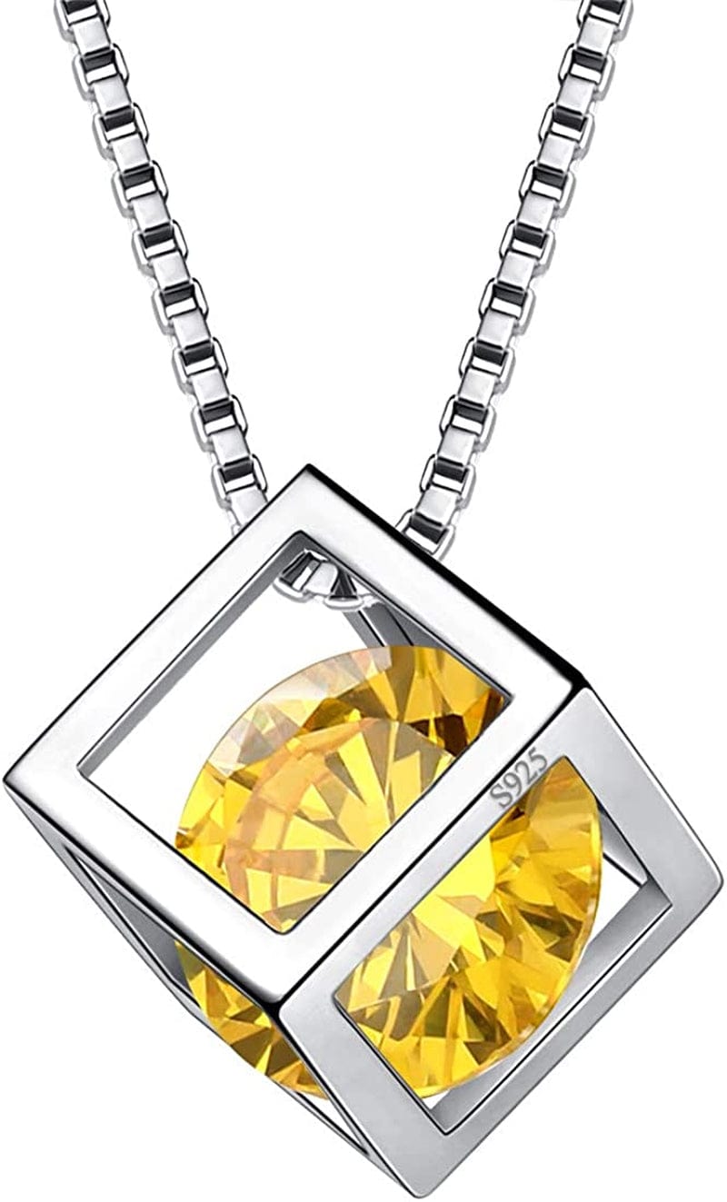 Birthstone Necklace/Earring 925 Sterling Silver Women Cross/3D Cube/Cresent Moon Birth Stone Jewelry Mens Birthday Gift Anniversary Present K.Yellow-November-Topaz / 3d-cube-necklace