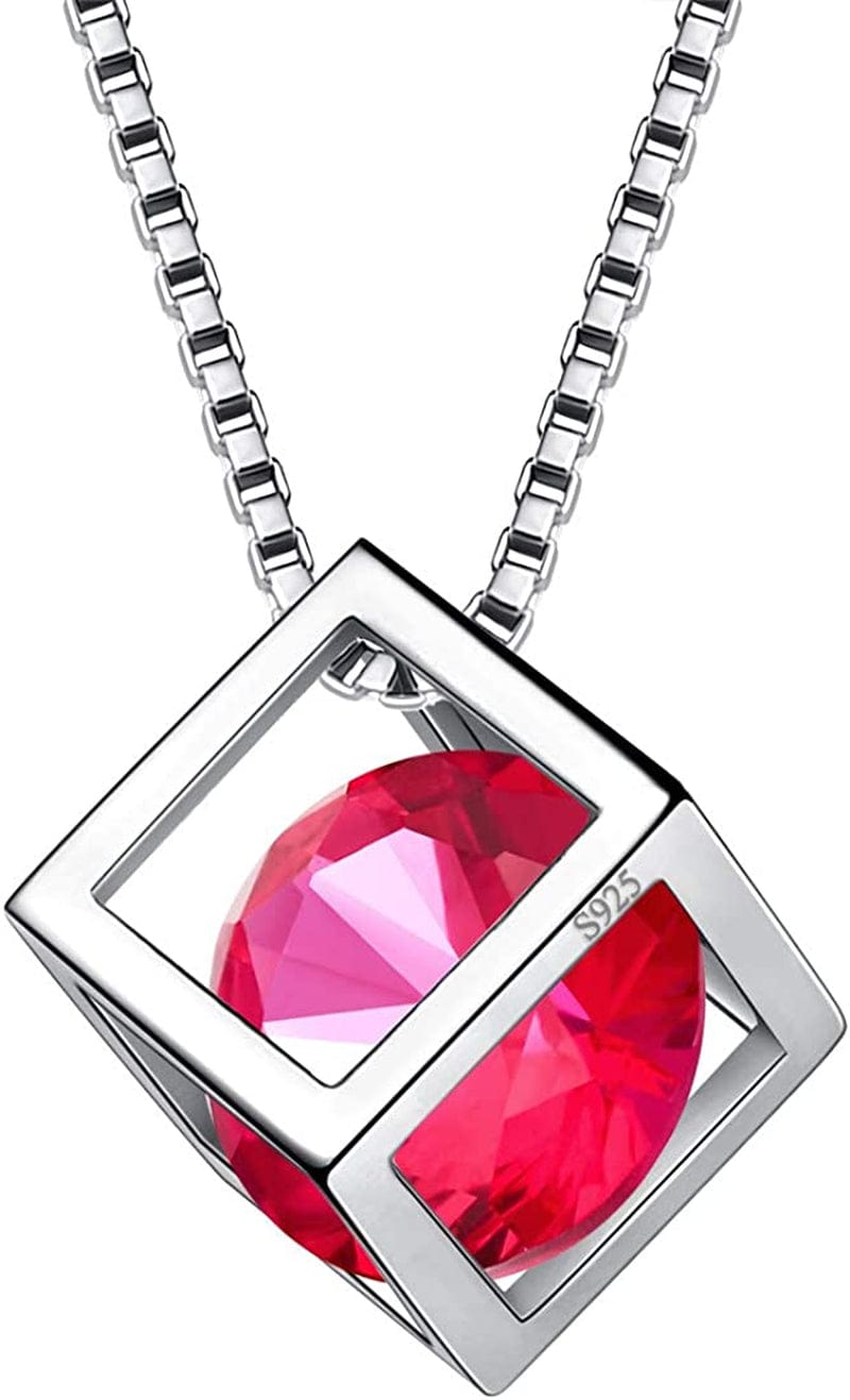 Birthstone Necklace/Earring 925 Sterling Silver Women Cross/3D Cube/Cresent Moon Birth Stone Jewelry Mens Birthday Gift Anniversary Present G.Red-July-Ruby / 3d-cube-necklace