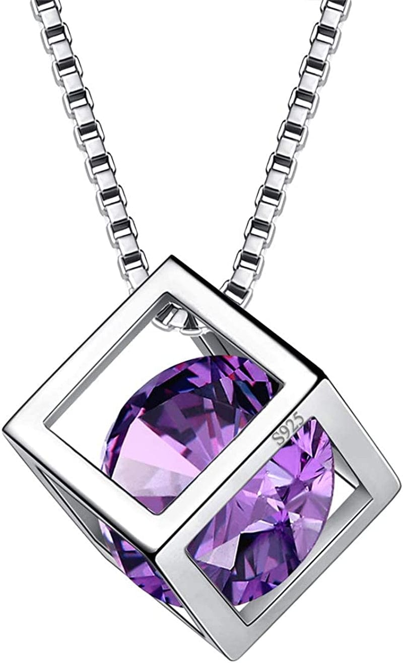 Birthstone Necklace/Earring 925 Sterling Silver Women Cross/3D Cube/Cresent Moon Birth Stone Jewelry Mens Birthday Gift Anniversary Present B.Purple-February-Amethyst / 3d-cube-necklace