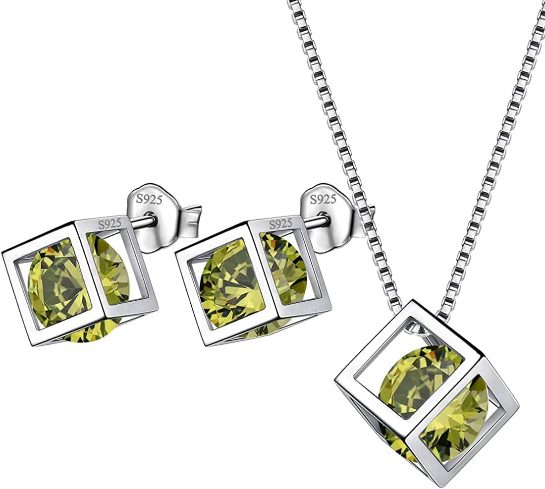 Birthstone Necklace/Earring 925 Sterling Silver Women Cross/3D Cube/Cresent Moon Birth Stone Jewelry Mens Birthday Gift Anniversary Present H.Green-August-Peridot / 3d-cube-sets