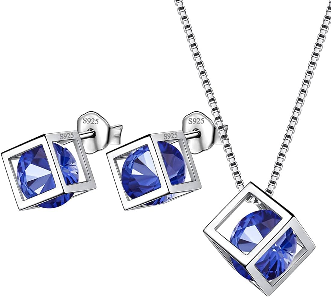 Birthstone Necklace/Earring 925 Sterling Silver Women Cross/3D Cube/Cresent Moon Birth Stone Jewelry Mens Birthday Gift Anniversary Present I.Blue-September-Sapphire / 3d-cube-sets