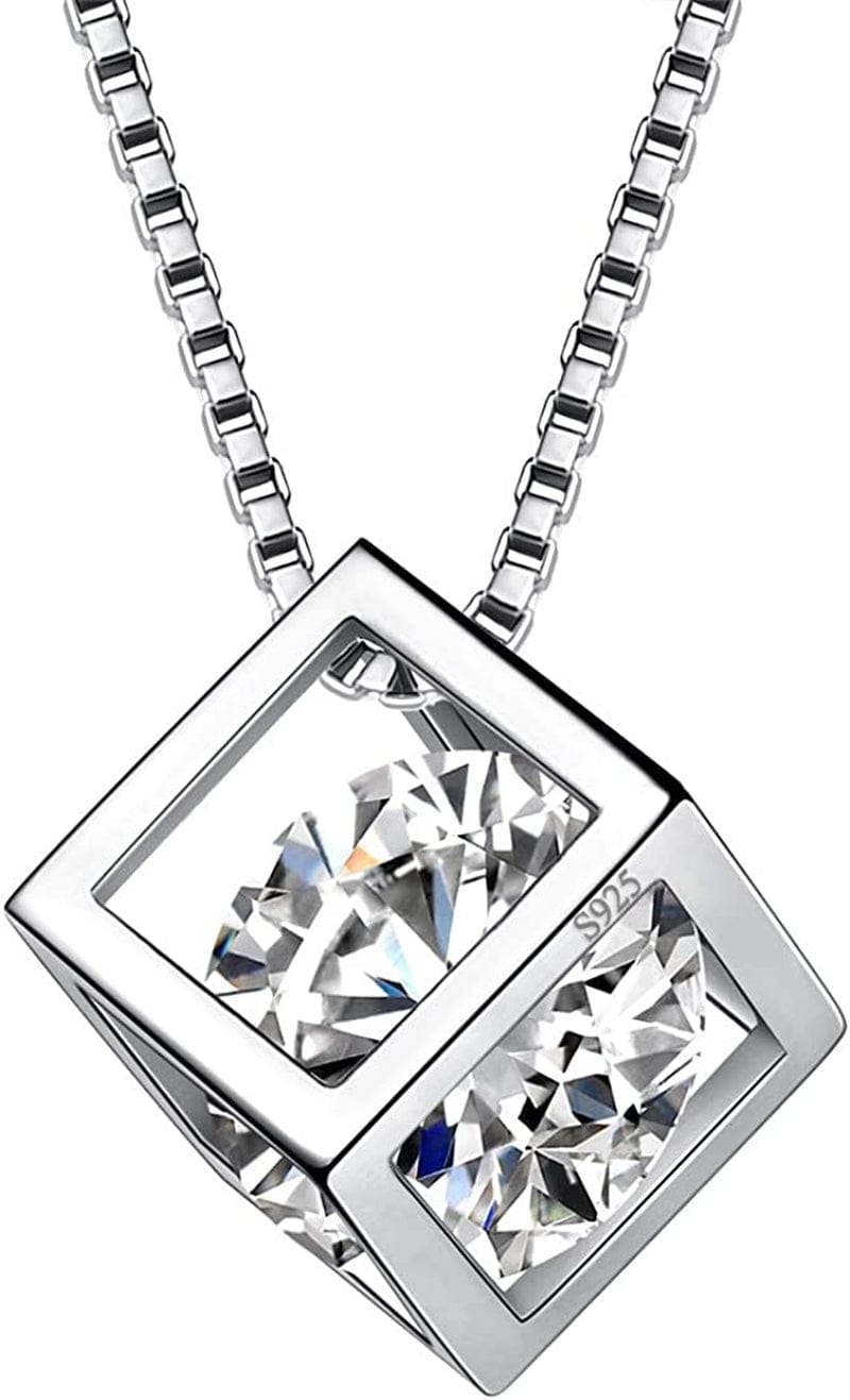 Birthstone Necklace/Earring 925 Sterling Silver Women Cross/3D Cube/Cresent Moon Birth Stone Jewelry Mens Birthday Gift Anniversary Present D.White-April-Diamond / 3d-cube-necklace