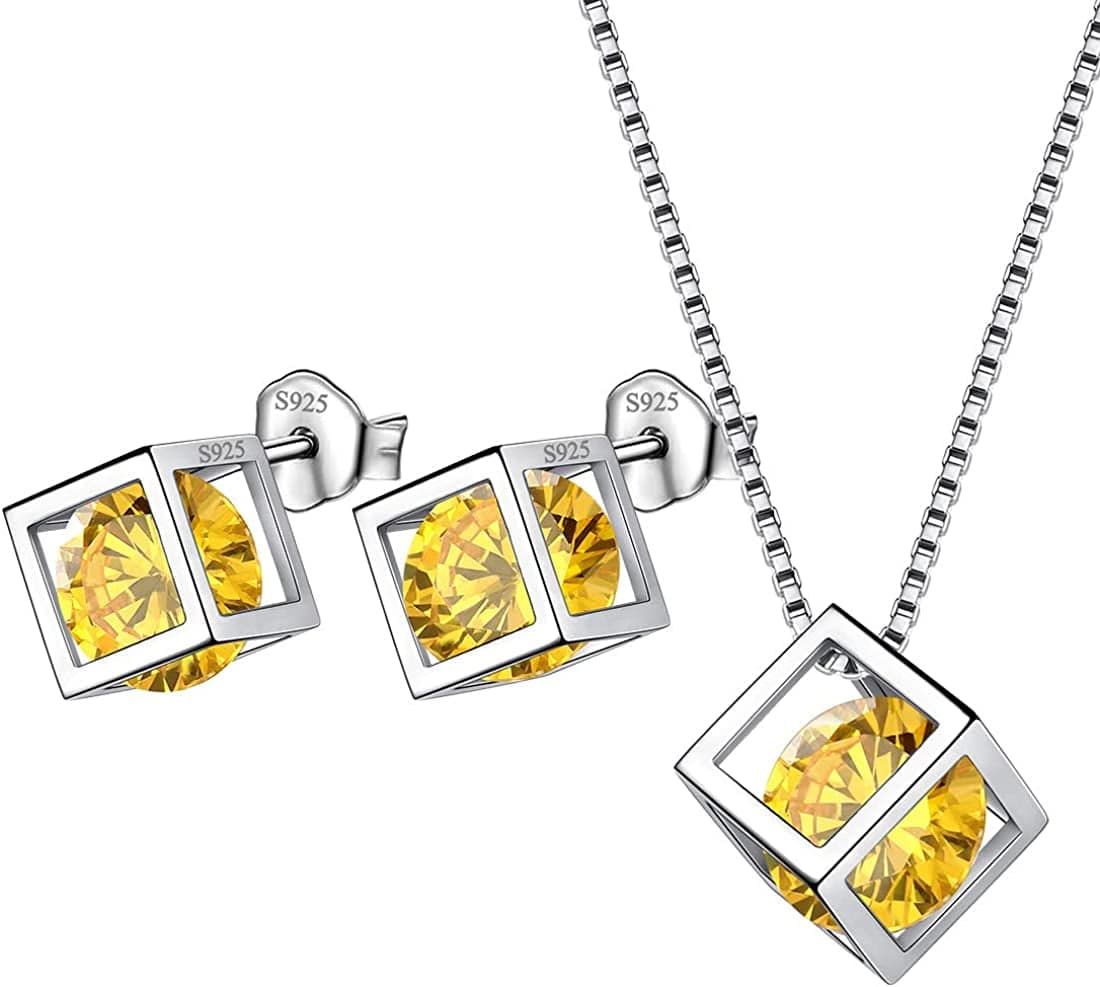 Birthstone Necklace/Earring 925 Sterling Silver Women Cross/3D Cube/Cresent Moon Birth Stone Jewelry Mens Birthday Gift Anniversary Present K.Yellow-November-Topaz / 3d-cube-sets