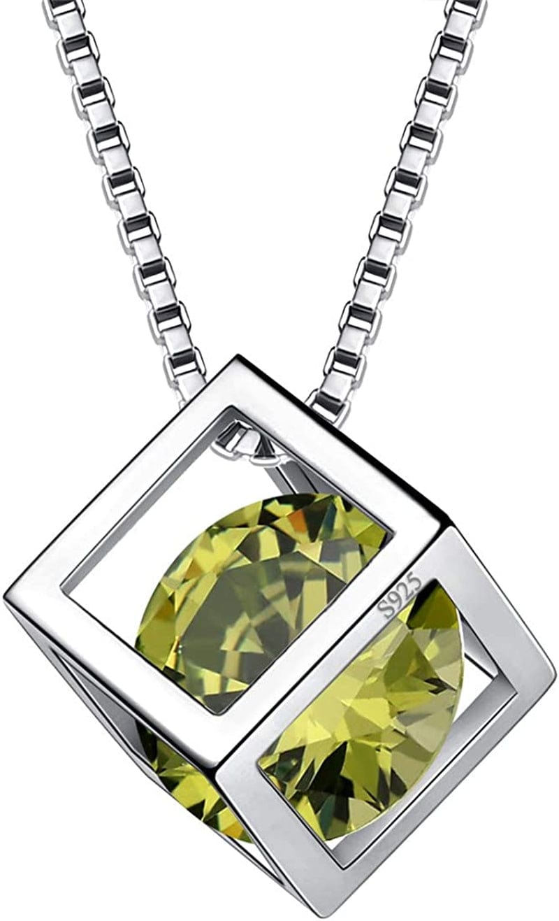 Birthstone Necklace/Earring 925 Sterling Silver Women Cross/3D Cube/Cresent Moon Birth Stone Jewelry Mens Birthday Gift Anniversary Present H.Green-August-Peridot / 3d-cube-necklace