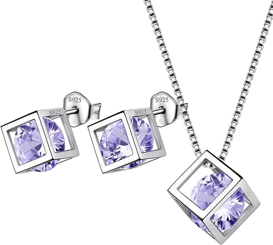 Birthstone Necklace/Earring 925 Sterling Silver Women Cross/3D Cube/Cresent Moon Birth Stone Jewelry Mens Birthday Gift Anniversary Present F.Purple-June-Alexandrite / 3d-cube-sets
