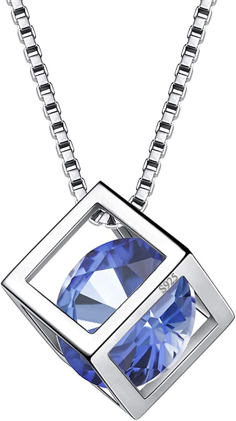 Birthstone Necklace/Earring 925 Sterling Silver Women Cross/3D Cube/Cresent Moon Birth Stone Jewelry Mens Birthday Gift Anniversary Present L.Blue-December-Tanzanite / 3d-cube-necklace