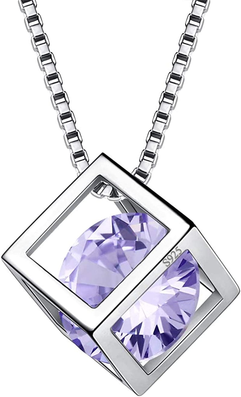 Birthstone Necklace/Earring 925 Sterling Silver Women Cross/3D Cube/Cresent Moon Birth Stone Jewelry Mens Birthday Gift Anniversary Present F.Purple-June-Alexandrite / 3d-cube-necklace