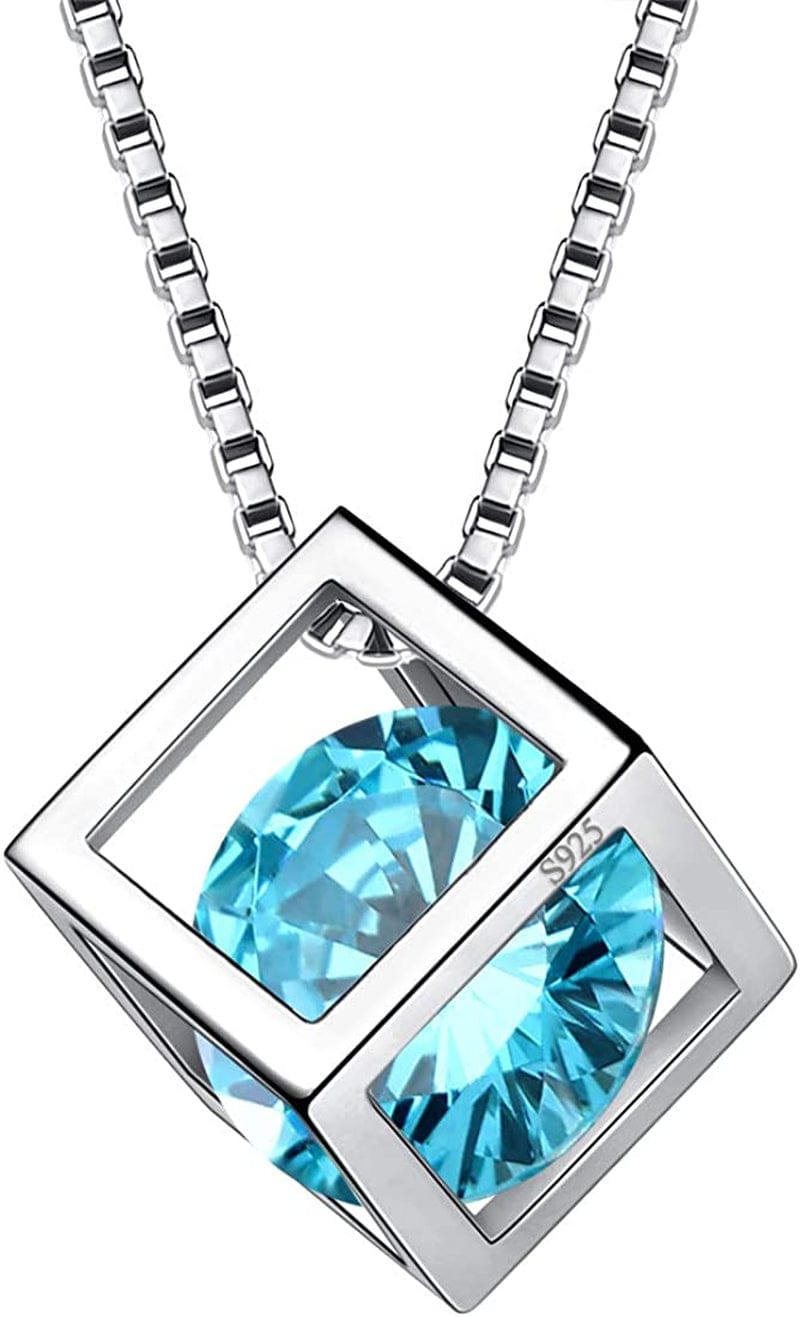 Birthstone Necklace/Earring 925 Sterling Silver Women Cross/3D Cube/Cresent Moon Birth Stone Jewelry Mens Birthday Gift Anniversary Present C.Blue-March-Aquamarine / 3d-cube-necklace