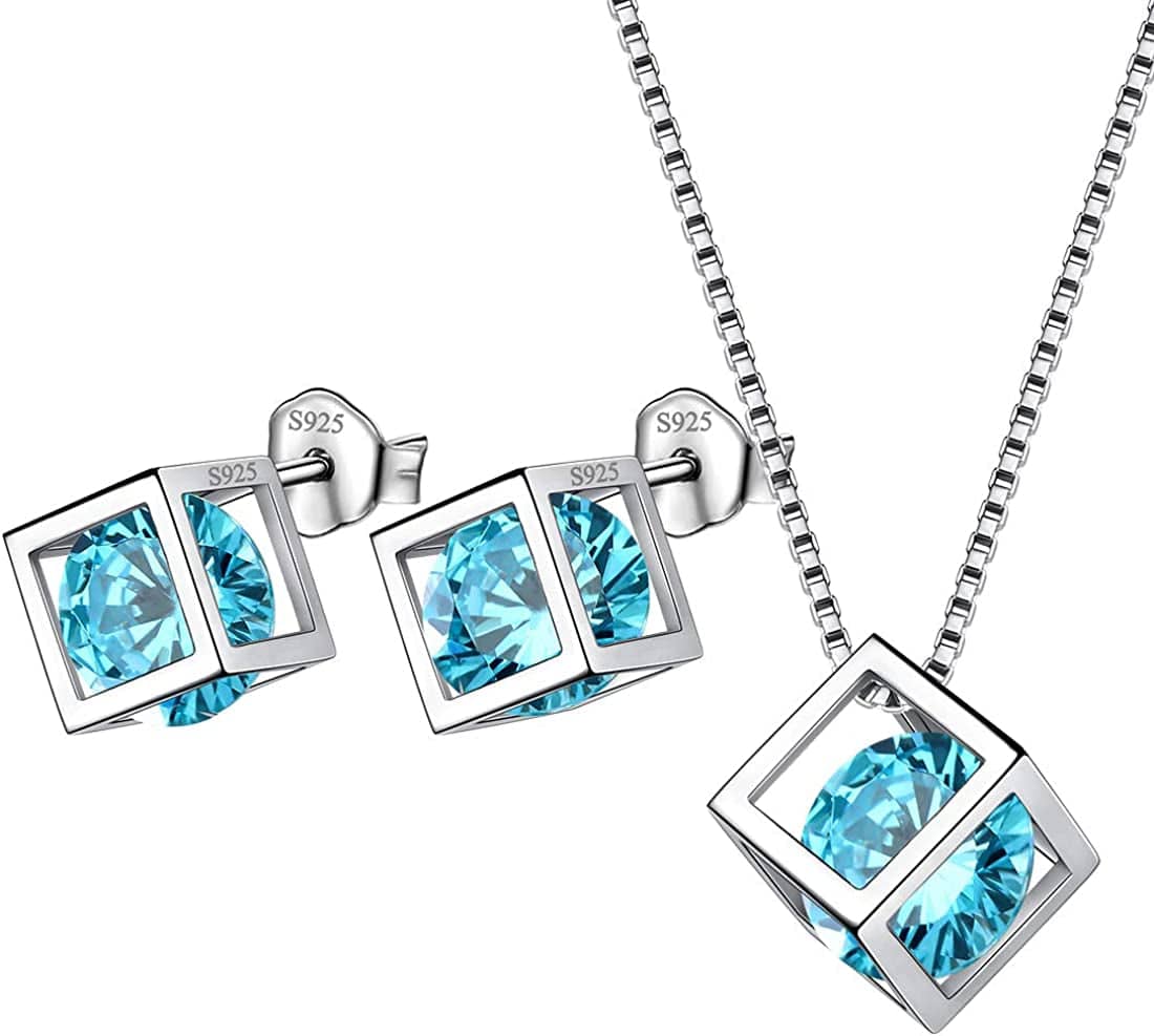 Birthstone Necklace/Earring 925 Sterling Silver Women Cross/3D Cube/Cresent Moon Birth Stone Jewelry Mens Birthday Gift Anniversary Present C.Blue-March-Aquamarine / 3d-cube-sets