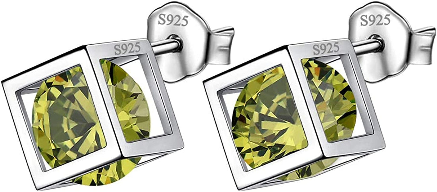 Birthstone Necklace/Earring 925 Sterling Silver Women Cross/3D Cube/Cresent Moon Birth Stone Jewelry Mens Birthday Gift Anniversary Present H.Green-August-Peridot / 3d-cube-studs