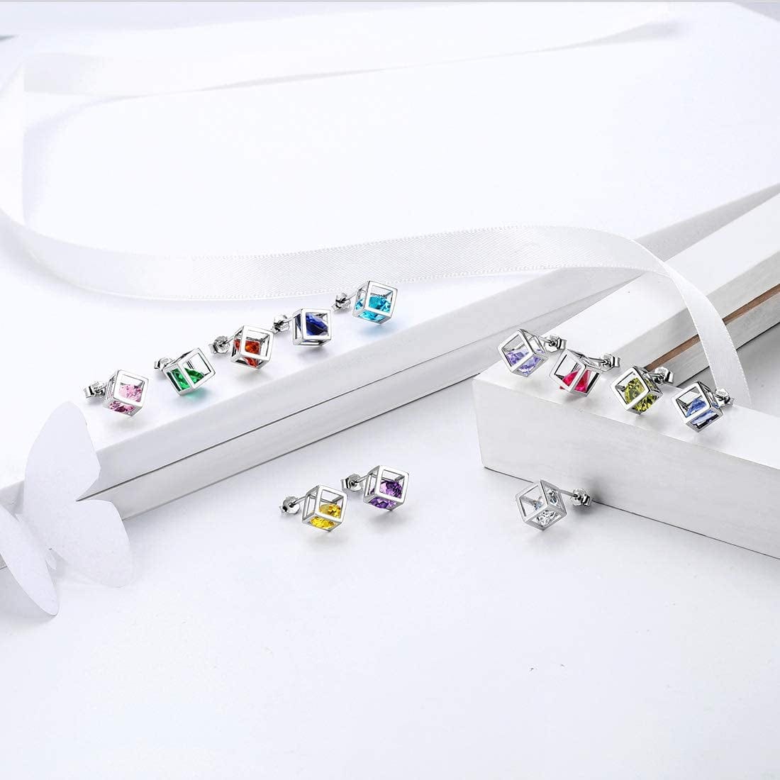 Birthstone Necklace/Earring 925 Sterling Silver Women Cross/3D Cube/Cresent Moon Birth Stone Jewelry Mens Birthday Gift Anniversary Present