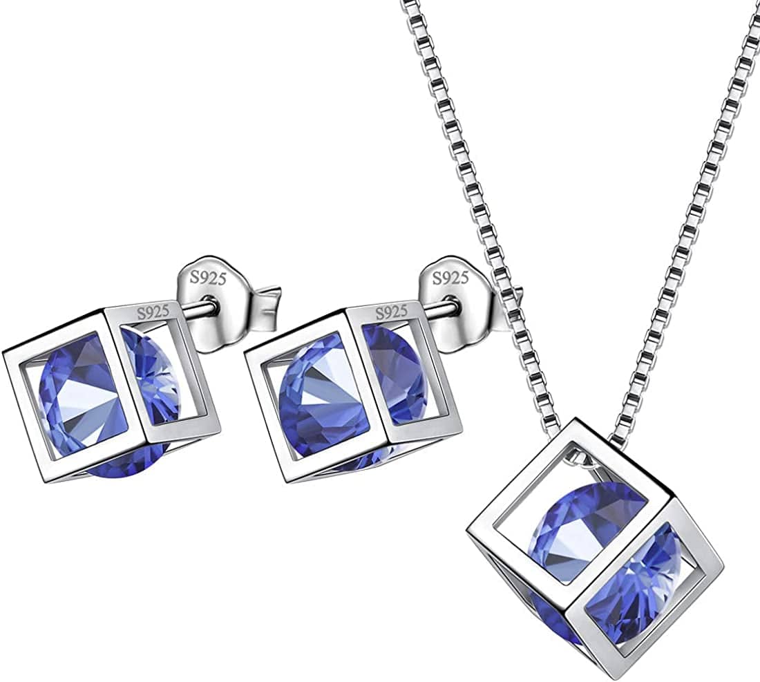 Birthstone Necklace/Earring 925 Sterling Silver Women Cross/3D Cube/Cresent Moon Birth Stone Jewelry Mens Birthday Gift Anniversary Present L.Blue-December-Tanzanite / 3d-cube-sets