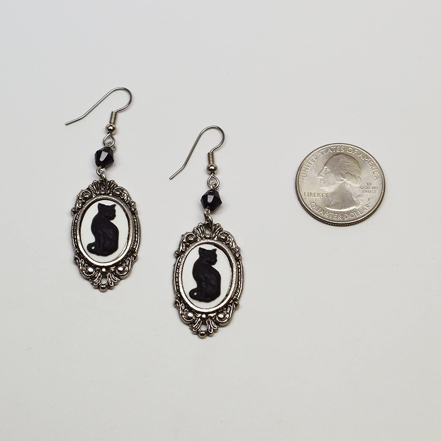 Black Cat Cameo in Silver Finish Frame Dangle Earrings with Black Bead