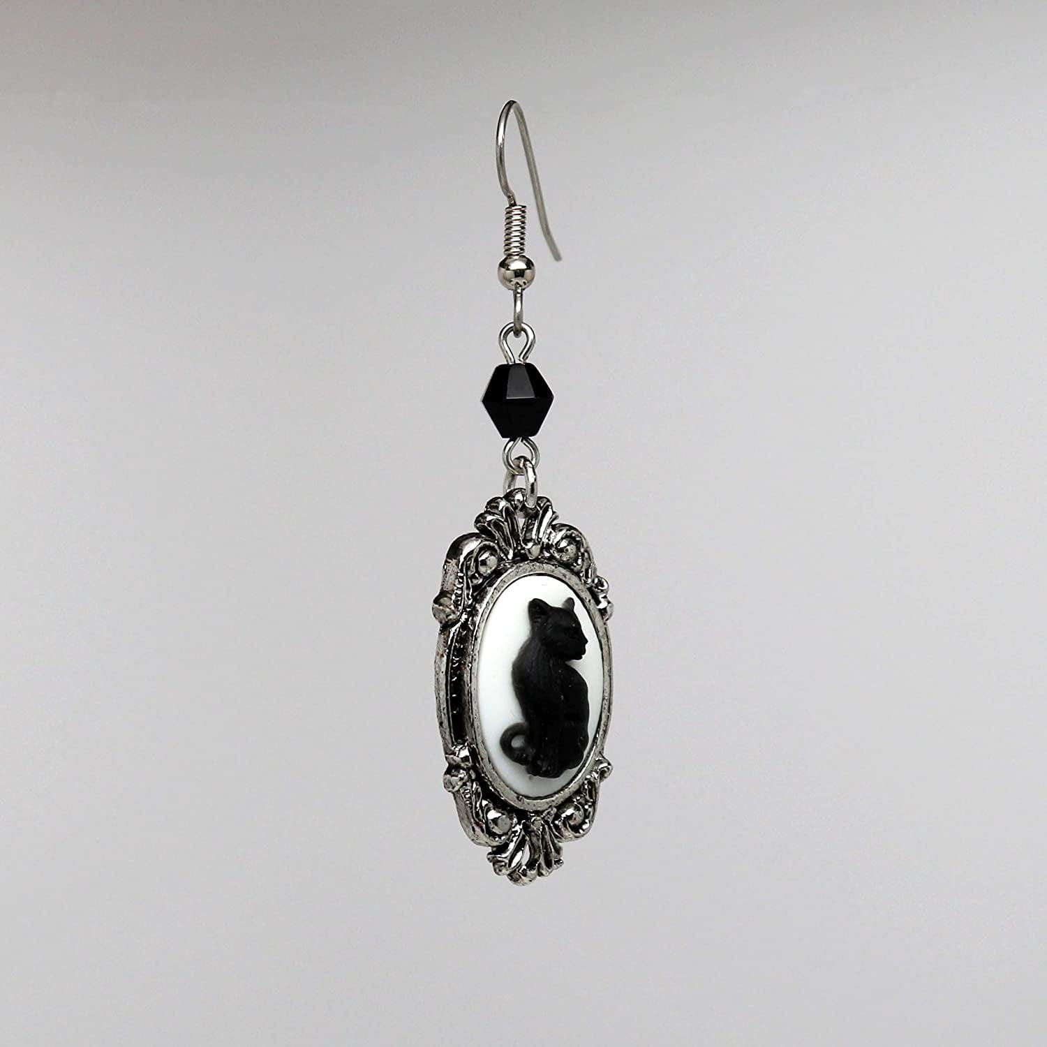 Black Cat Cameo in Silver Finish Frame Dangle Earrings with Black Bead