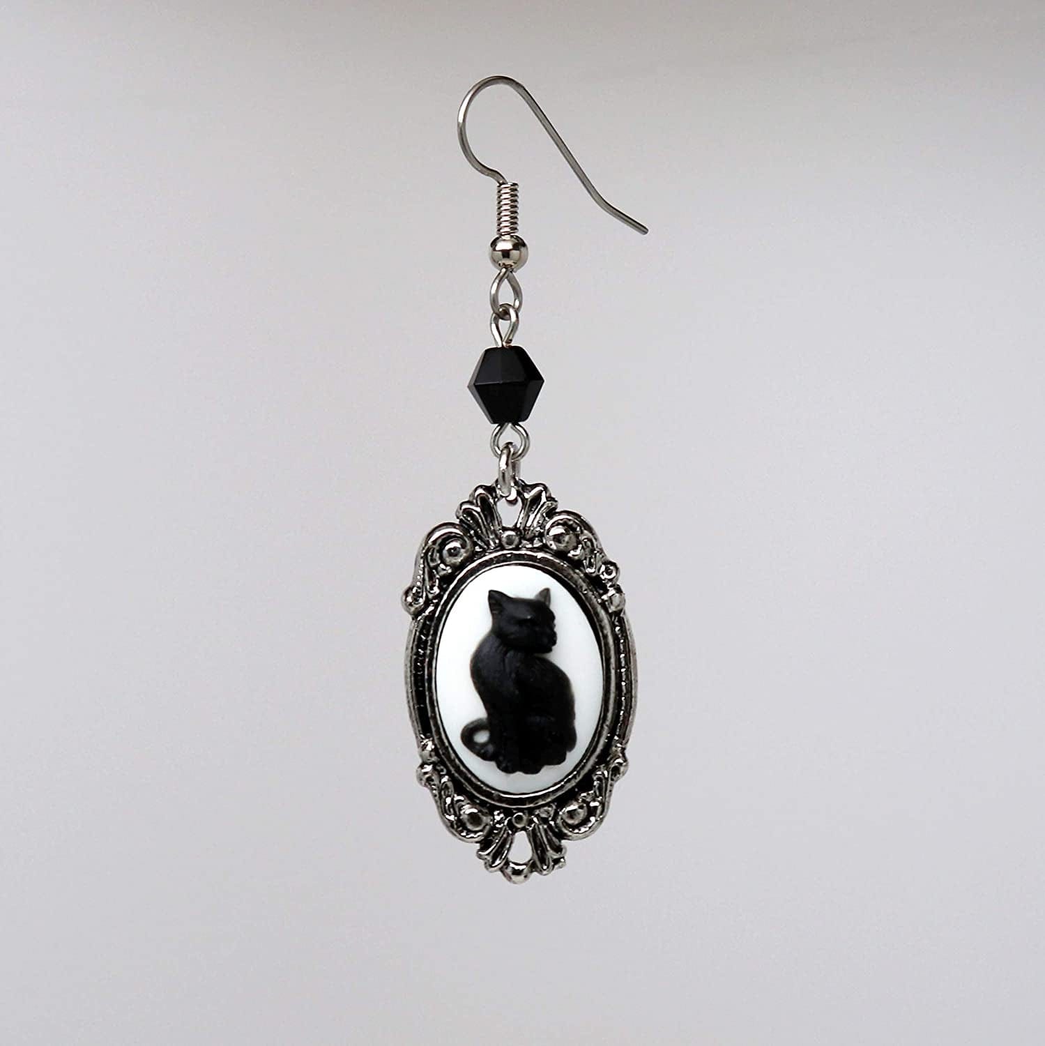 Black Cat Cameo in Silver Finish Frame Dangle Earrings with Black Bead
