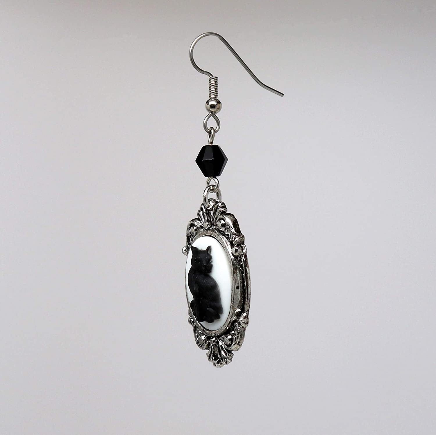Black Cat Cameo in Silver Finish Frame Dangle Earrings with Black Bead