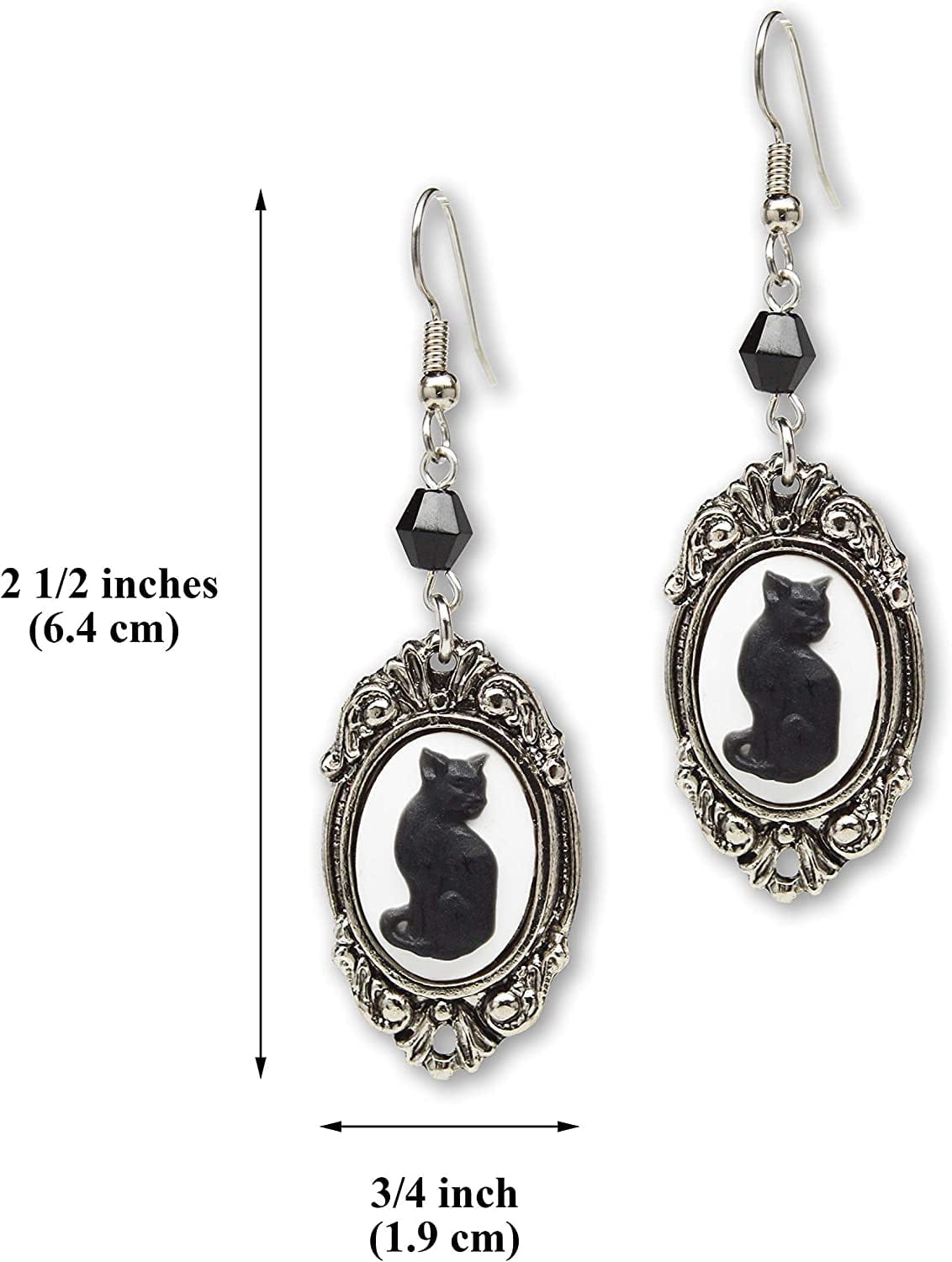 Black Cat Cameo in Silver Finish Frame Dangle Earrings with Black Bead