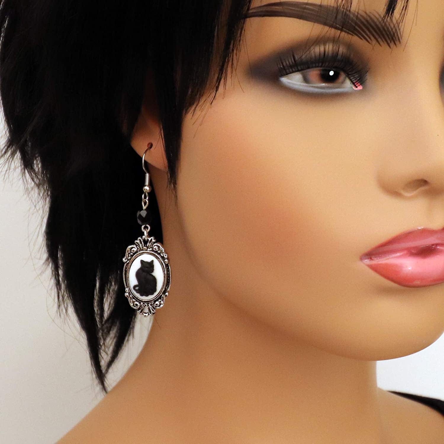 Black Cat Cameo in Silver Finish Frame Dangle Earrings with Black Bead