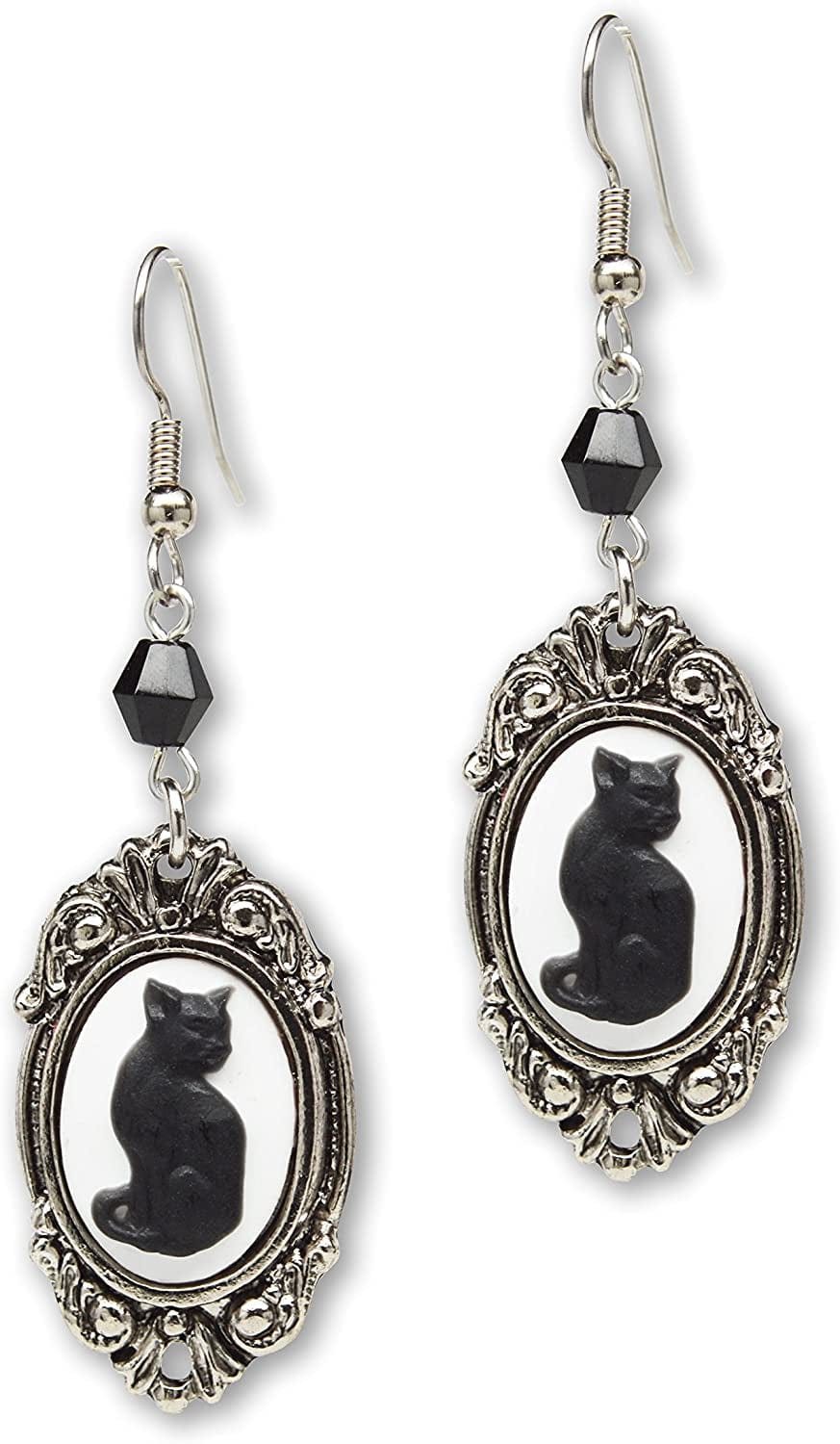 Black Cat Cameo in Silver Finish Frame Dangle Earrings with Black Bead