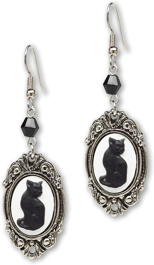 Black Cat Cameo in Silver Finish Frame Dangle Earrings with Black Bead