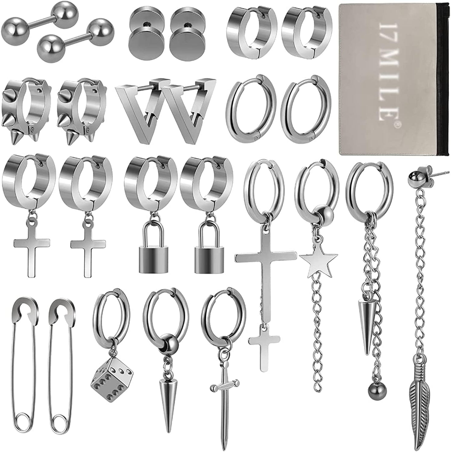 Black Cross Dangle Earrings for Men, 25 Pieces Stainless Steel Long Chain Piercing Hoop Earrings Set for Unisex Silver