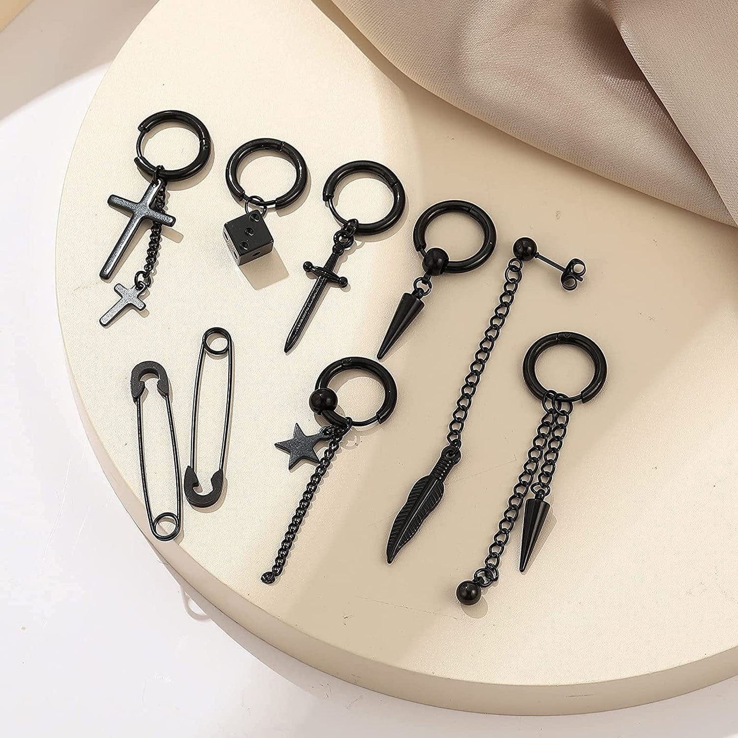 Black Cross Dangle Earrings for Men, 25 Pieces Stainless Steel Long Chain Piercing Hoop Earrings Set for Unisex
