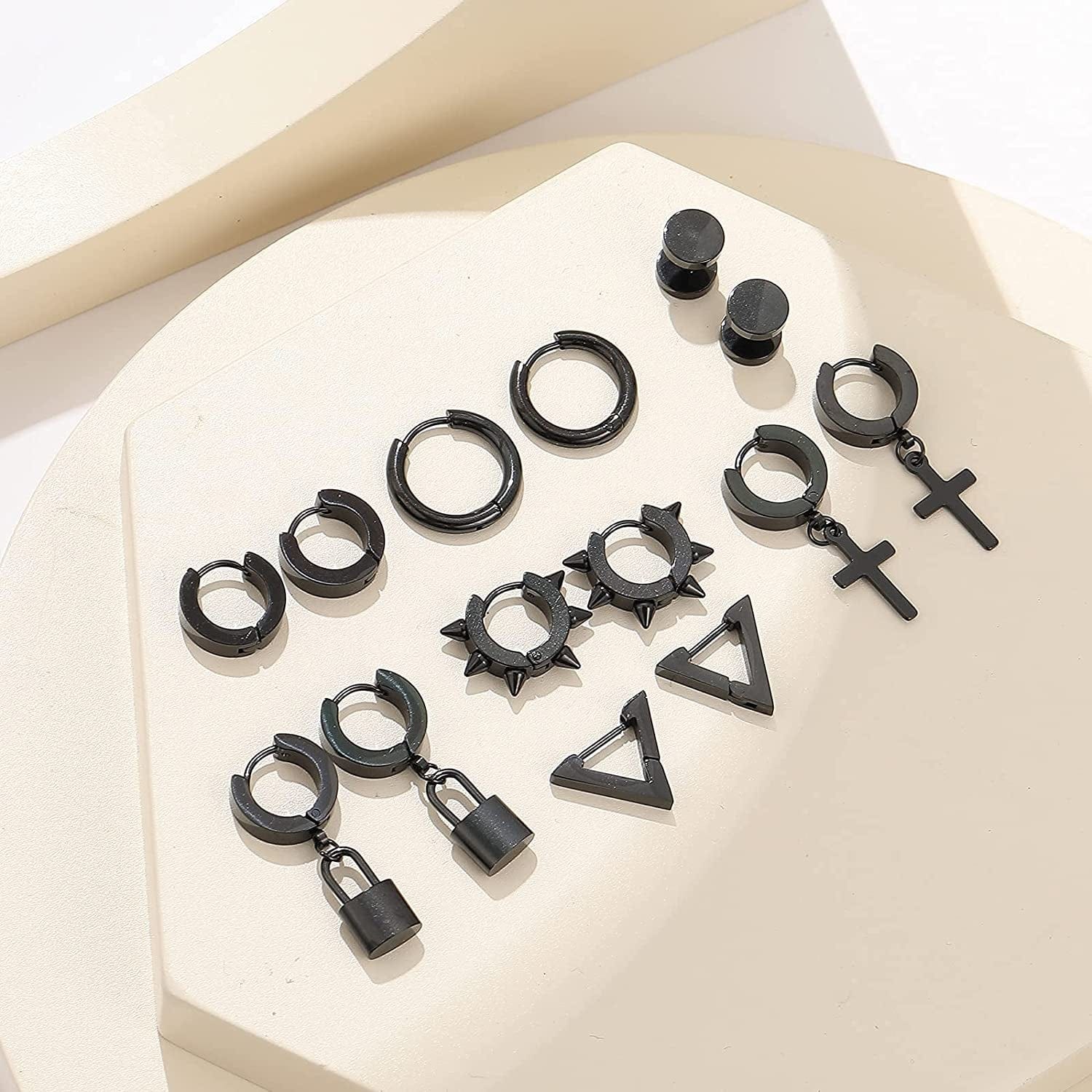 Black Cross Dangle Earrings for Men, 25 Pieces Stainless Steel Long Chain Piercing Hoop Earrings Set for Unisex