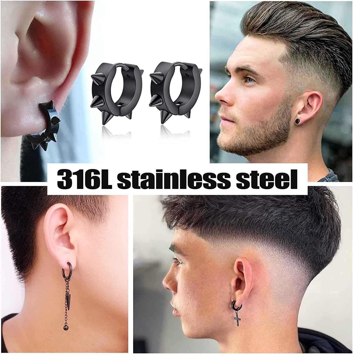 Black Cross Dangle Earrings for Men, 25 Pieces Stainless Steel Long Chain Piercing Hoop Earrings Set for Unisex