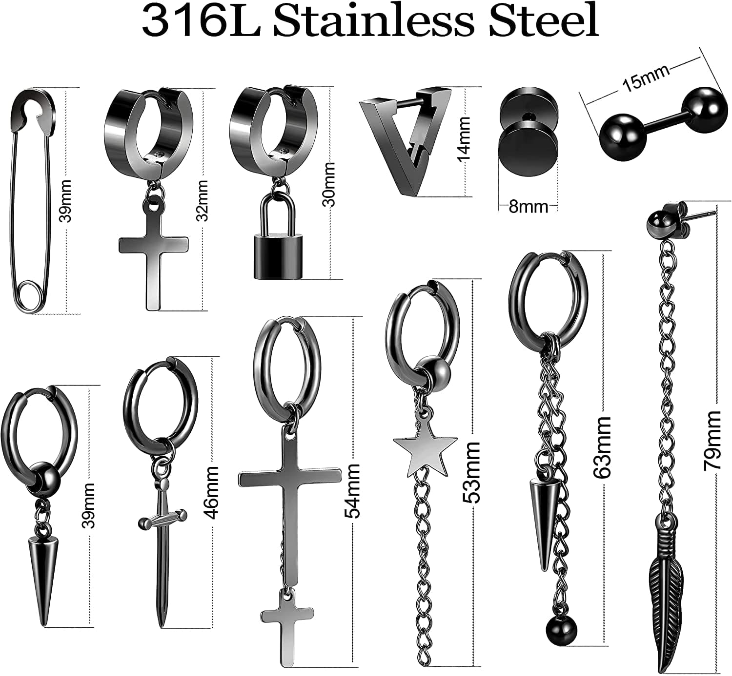 Black Cross Dangle Earrings for Men, 25 Pieces Stainless Steel Long Chain Piercing Hoop Earrings Set for Unisex
